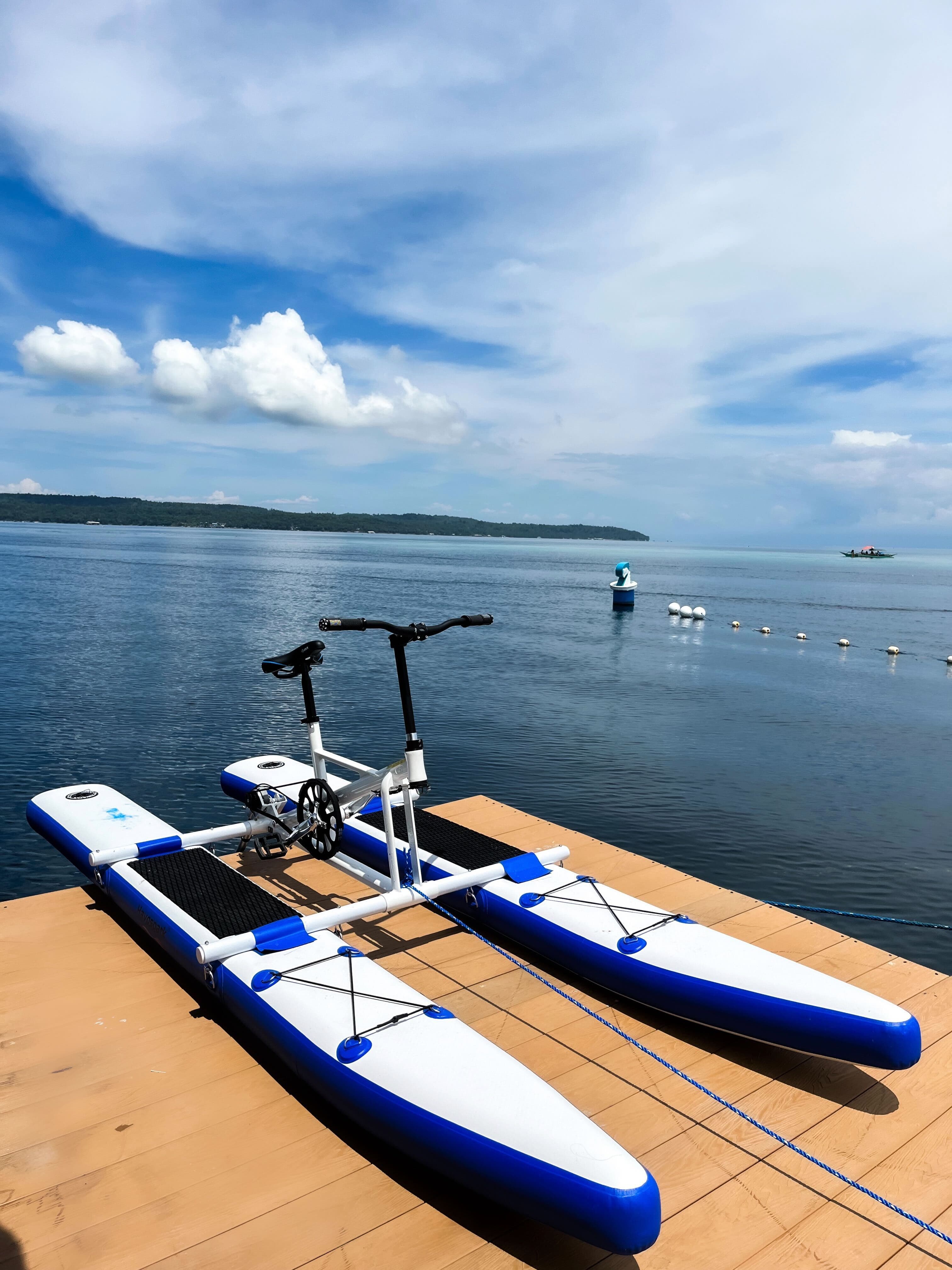 Water bike on the dock with ocean panorama